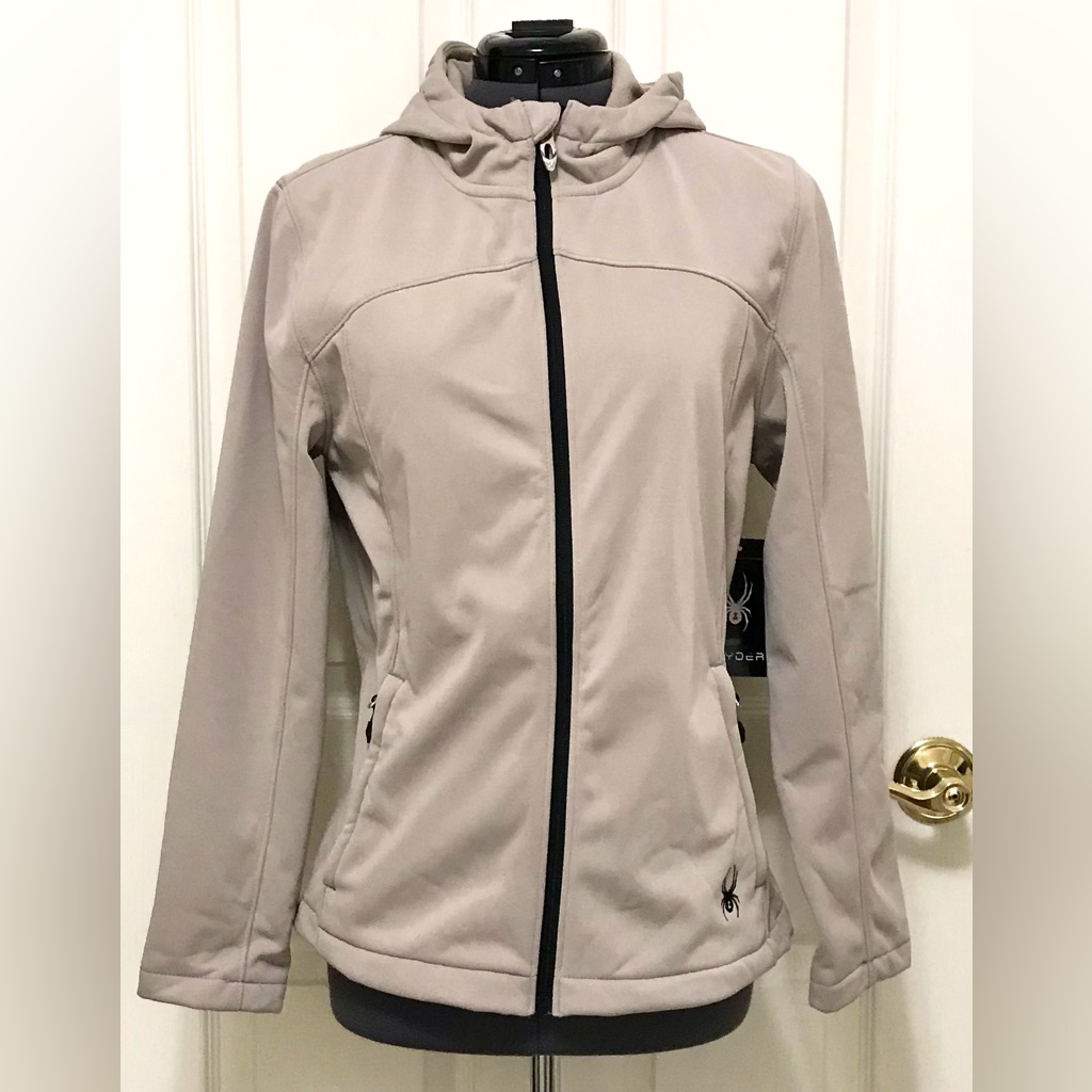 Nwt Spyder Women's Light Taupe Hooded Softshell Jacket With Black Zipper Medium